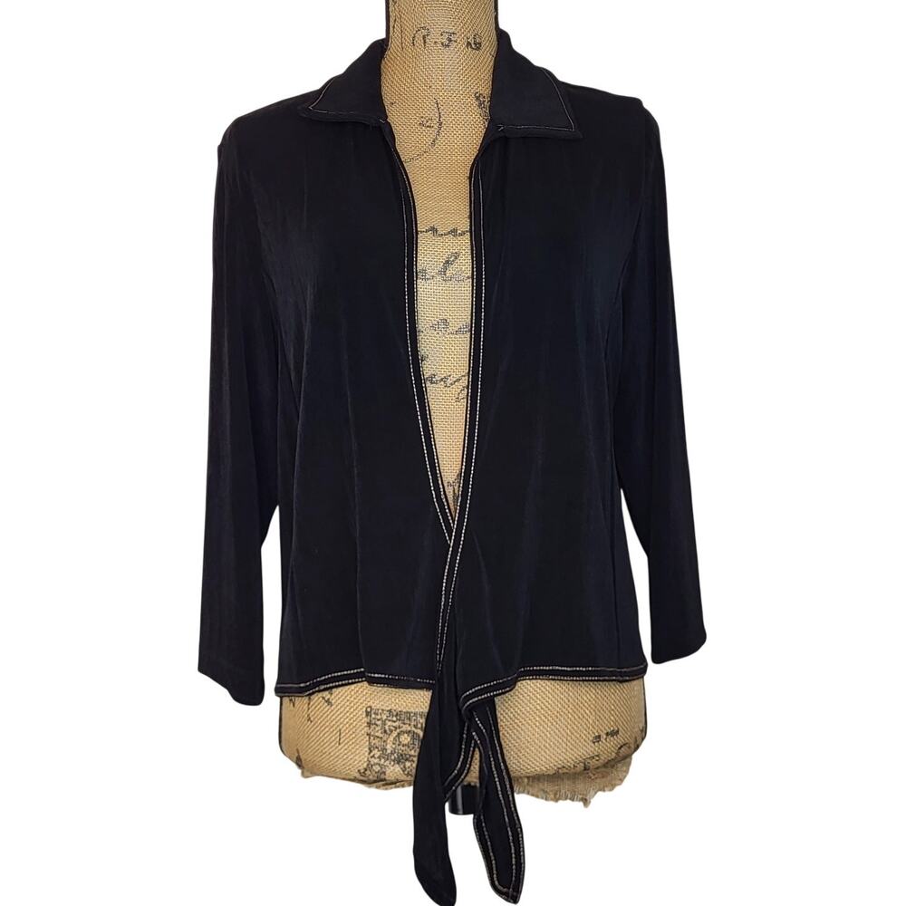 Chico's Travelers Slinky Black Tie Front Collar Jacket Gold/Copper Trim Sz 2-Lg